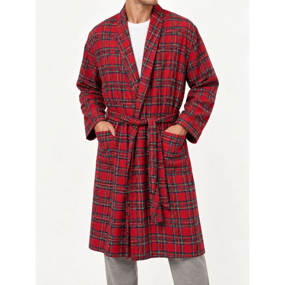 Vintage Scandia Woods Mens XL 2X Red Tartan Plaid 100% Cotton Flannel Robe Belt